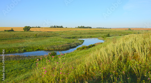 Sunny summer landscape.Green hills,fields and meadows.River Upa in Tula region,Russia.Sunrise.Quiet morning.Calm.Warm sunlight.Cloudless clear blue sky. 