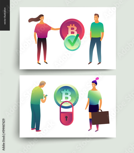 Blockchain concept vector illustration - scheme showing the cryptocurrency transaction processing and user connection