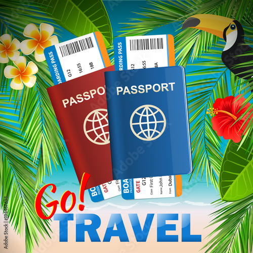 Passport with airline tickets on tropical sea background - International tourism travelling concept - Go travel. Summer tropical background with palms, Summer placard poster flyer. Summertime.