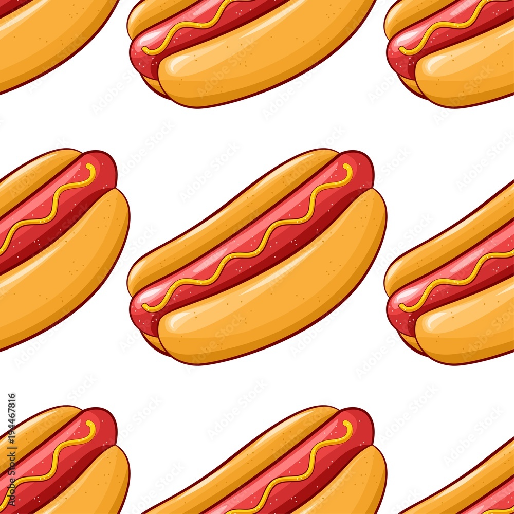 Cartoon hot dog repeating pattern, food seamless background, delicious  colorful illustration on white backdrop. Fast food design. Stock Vector |  Adobe Stock