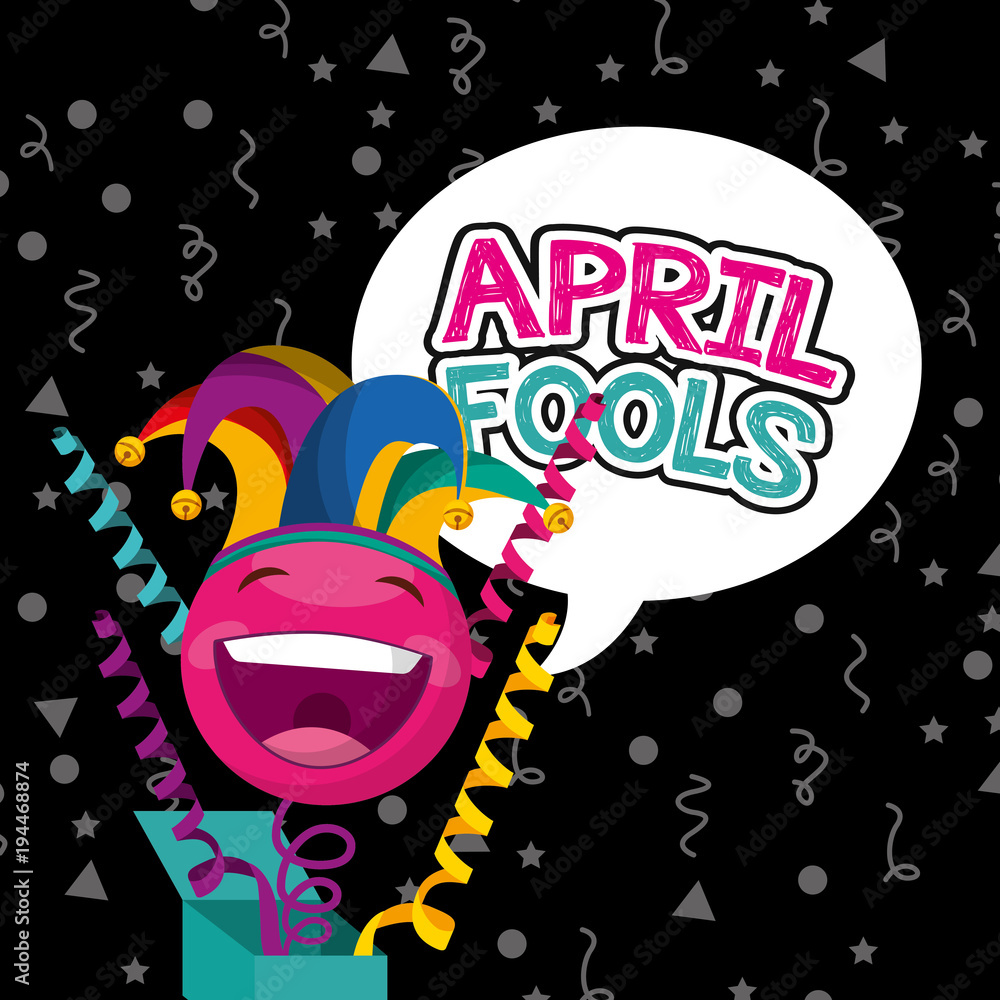 april fools day - happy emoticon streamers confetti celebration dark background vector illustration