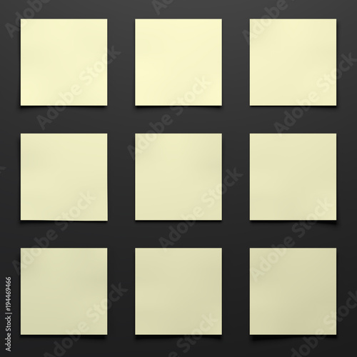 Empty Nine Light Yellow Notes Papers On Black Table 3d Rendering