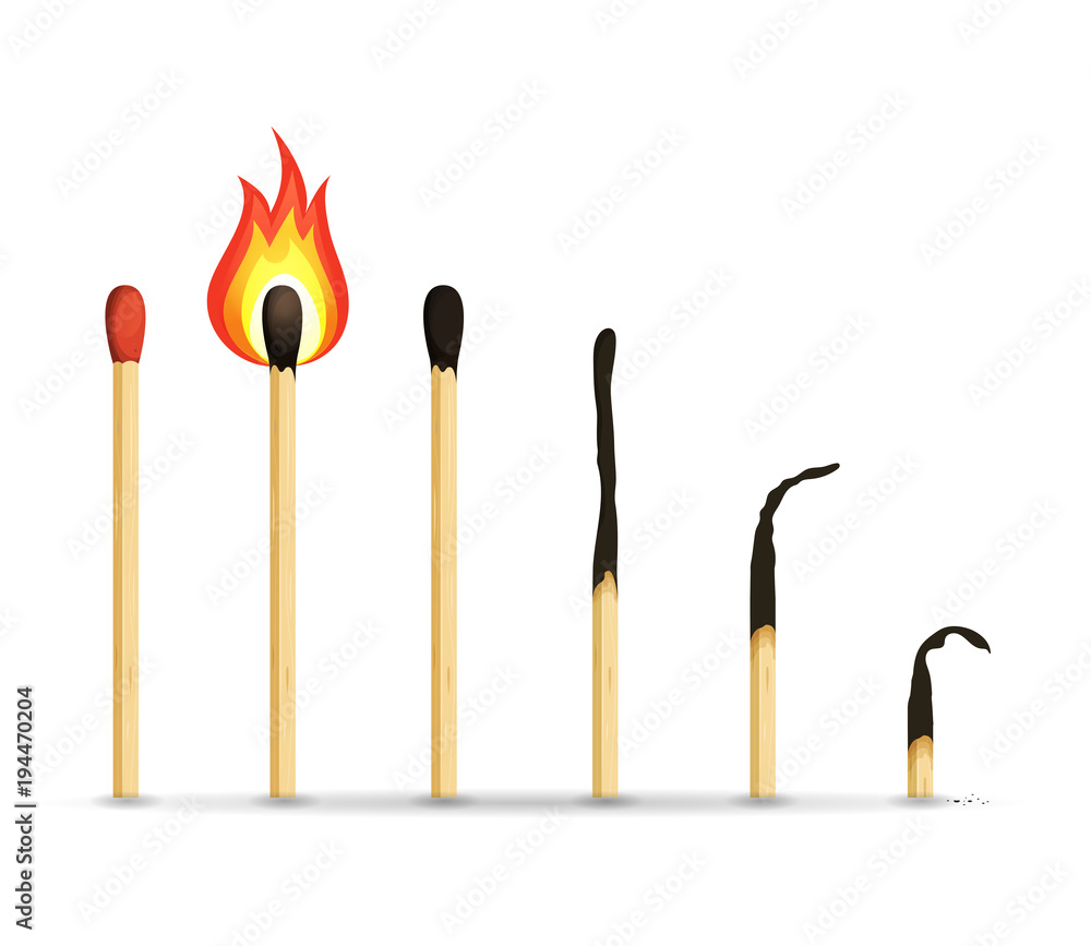 Burning, Lighted And Burnt Matches Burning, Lighted And Burnt Matches