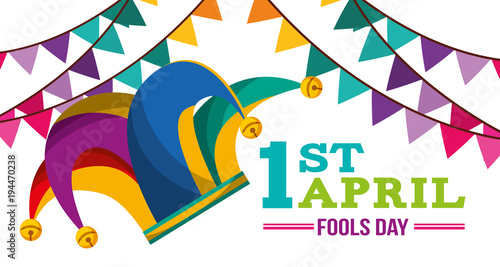 jester hat garland festive banner - april fools day vector illustration