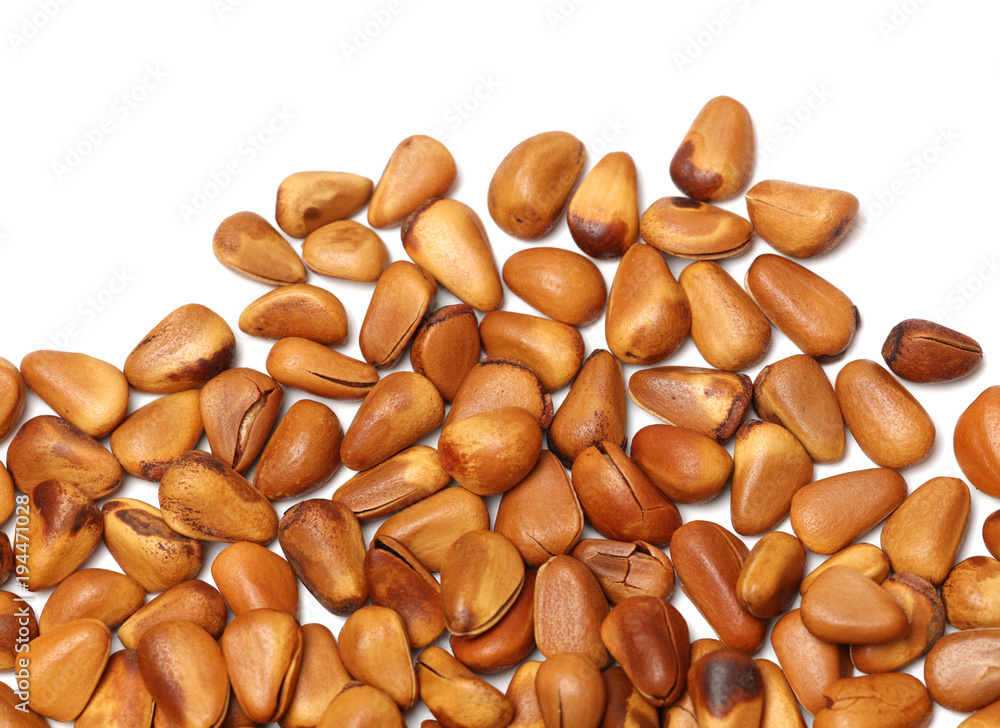 cooked pine nuts isolated on white background cooked pine nuts isolated on white background