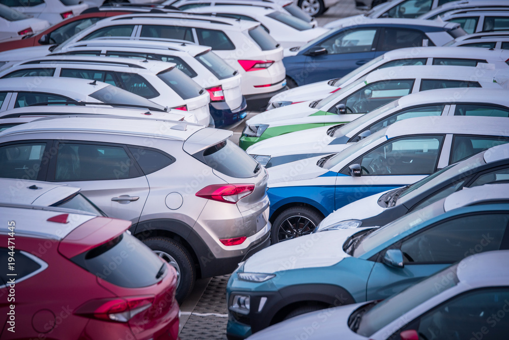 Fototapeta premium Colorful new Cars Stock. Cars For Export and Sale in big Fabric