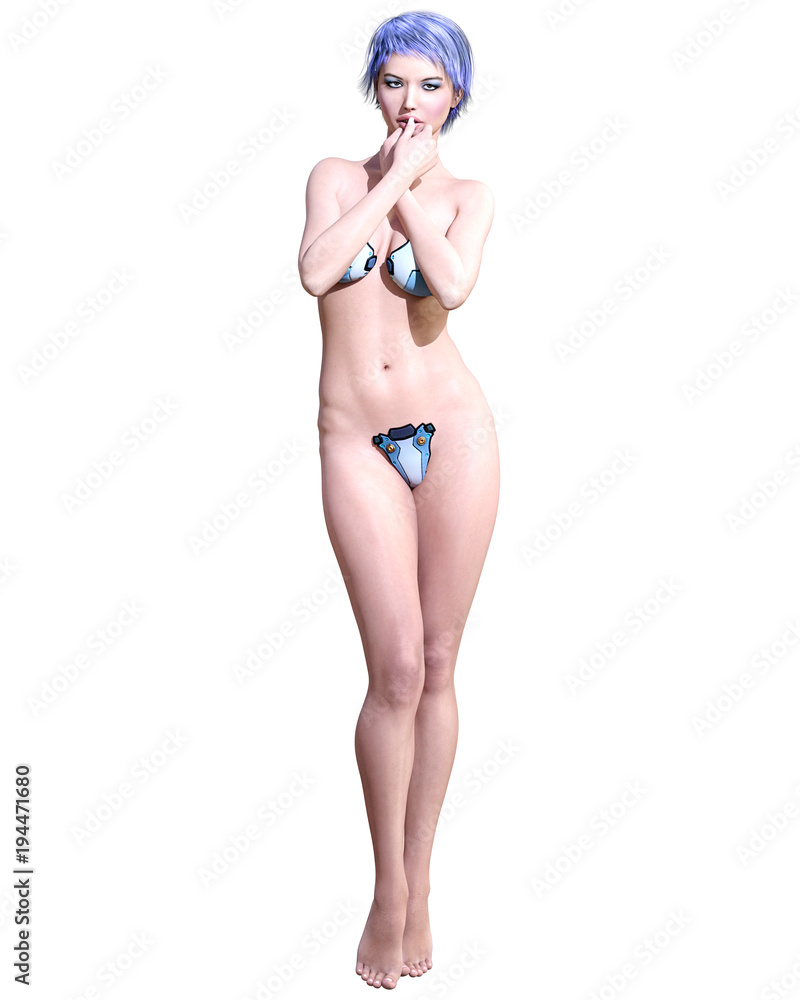 Tall sexy woman in minimalist extravagant sexy metall lingerie. Thongs bra  strap and panties. Conceptual fashion art. Seductive candid pose. Realistic  3D render illustration. Studio, high key. Stock Illustration