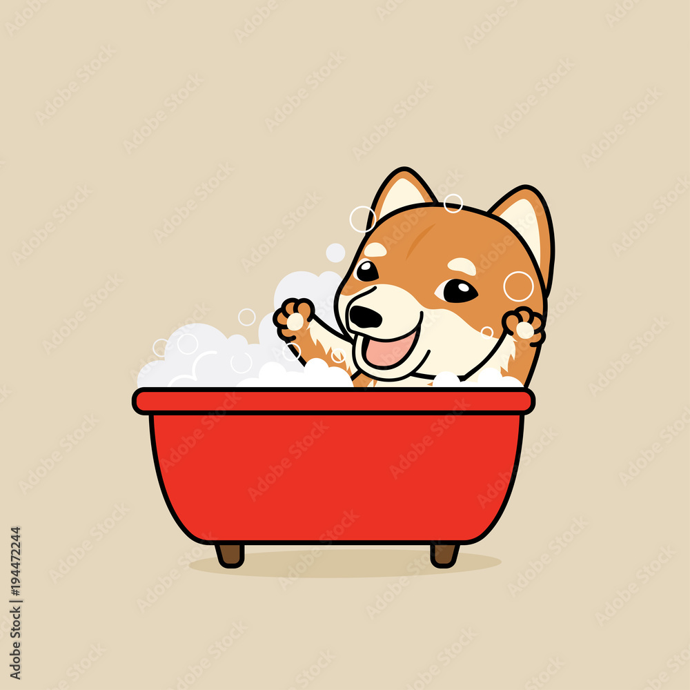 Cute cartoon character design Shiba Inu dog take a bath in red bathtub with soap bubbles Cute cartoon character design Shiba Inu dog take a bath in red bathtub with soap bubbles