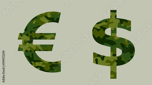 Euro and US dollar symbols with khaki camouflage pattern. Metaphor of budget and funds of army and military / money spent as investment into armament and militarization