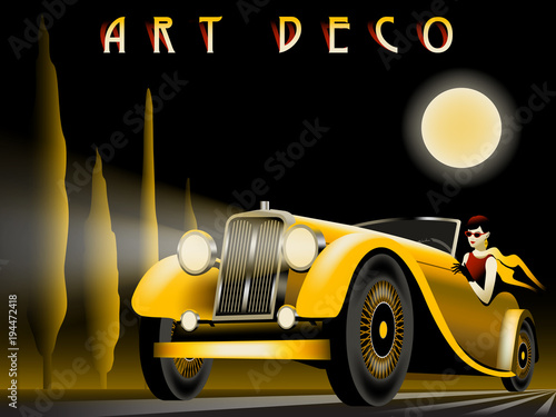 The woman in the car on the road. Handmade drawing vector illustration. Art deco style.
