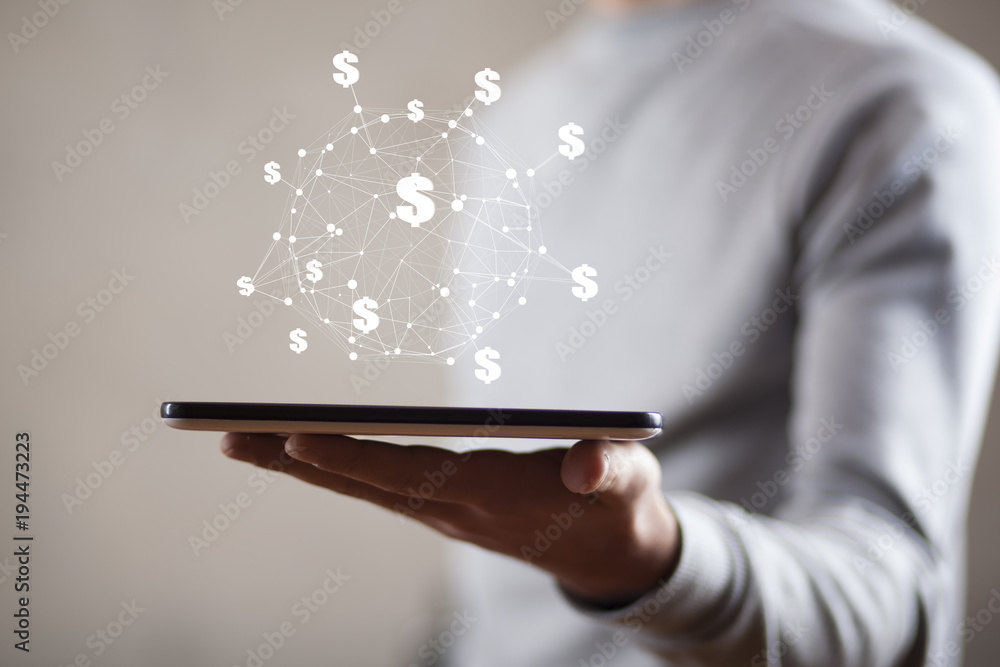 Man hand smart phone and american dollar concept in screen Man hand smart phone and american dollar concept in screen