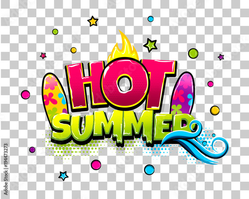 Hot summer sale comic text pop art advertise. Journey surf wave price comics book poster phrase. Vector colored halftone illustration. Colorful wow greeting banner graphic. Transparent background.