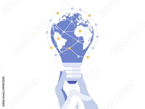 Creative light bulb with world map. Global idea concept vector illustration