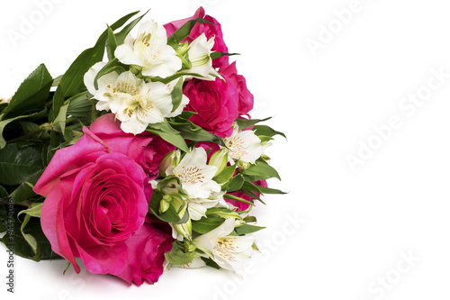 Bouquet of roses and Alstroemeria on a white background.