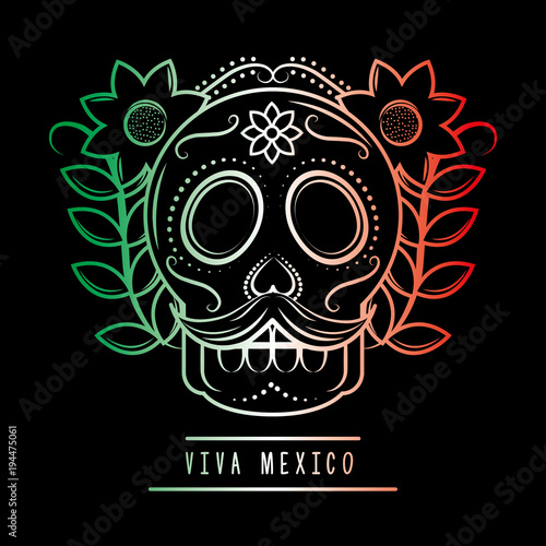 viva mexico skull mustache and flowers degrade green white and red dark background vector illustration