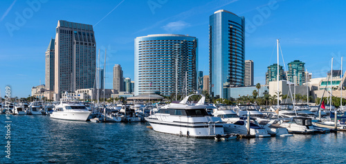 San Diego Marina - A panoramic view of San Diego Marina, surrounded by modern high-rising buildings, at side of San Diego Bay in Marina District at southwest of Downtown San Diego, California, USA.