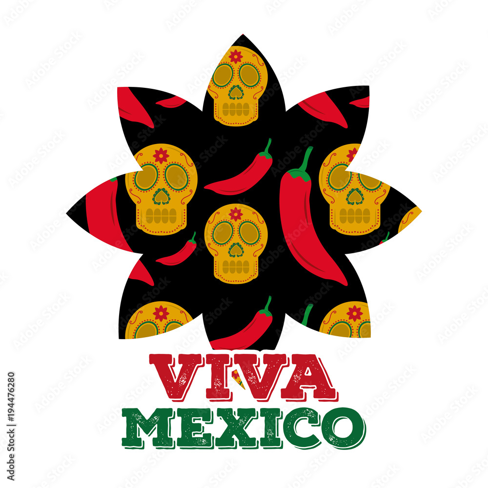 viva mexico black flower with skull chili pepper dark background vector illustration