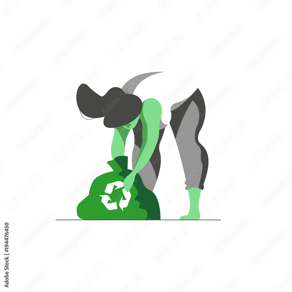 Woman using green recycle bag for environment help Woman using green recycle bag for environment help