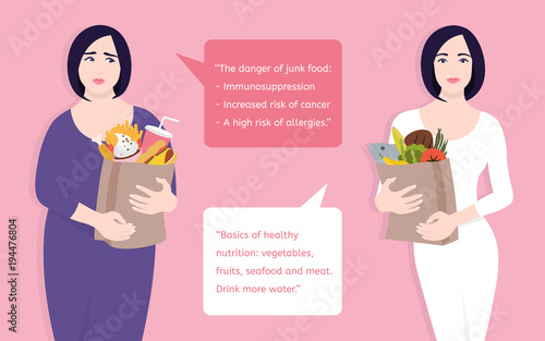Fat woman and slim woman standing on a pink background. Asian girls are holding various packages of useful and harmful food. Lifestyle choice.