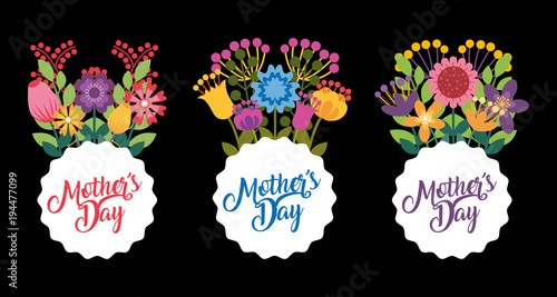 collection labels decorative flowers dark background - happy mothers day card vector illustration