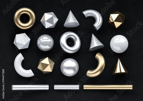 Set of 3d render realistic primitives on black background. Isolated graphic elements. Spheres, torus, tubes, cones and other geometric shapes in gold, white, silver colors for trendy designs.