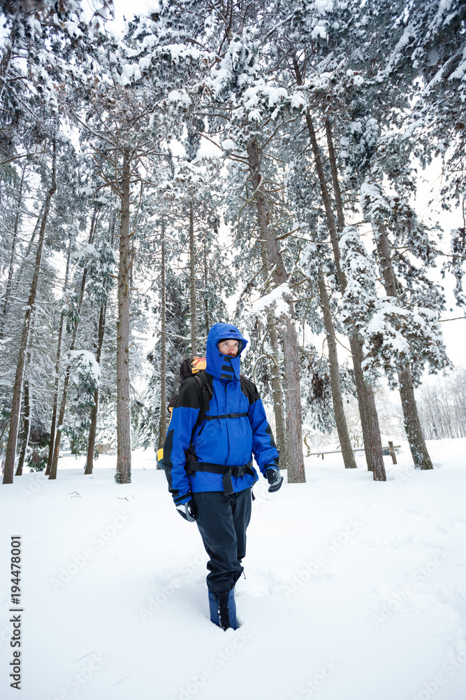 Young male mountain climber in blue and black clothing with hood hiking toward camera through deep powder snow in pine forest. Wide angle view.
