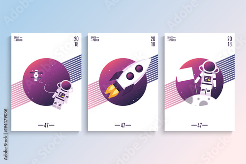 Space poster with astronaut, spaceship and Moon. Double Exposure. Vector illustration.
