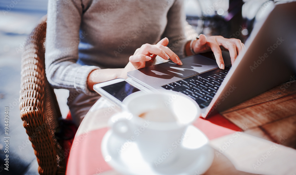 Business woman on coffee break in a cafe, close-up photo. Business, education, lifestyle concept Business woman on coffee break in a cafe, close-up photo. Business, education, lifestyle concept