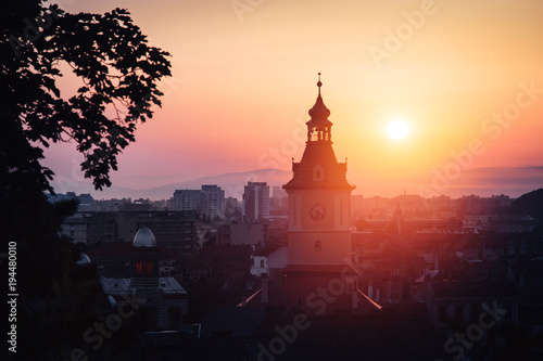 Town council hall tower morning sunrise scenic view  location Brasov city  Transylvania  Romania. Famous travel destination scenic summer colorful postcard.