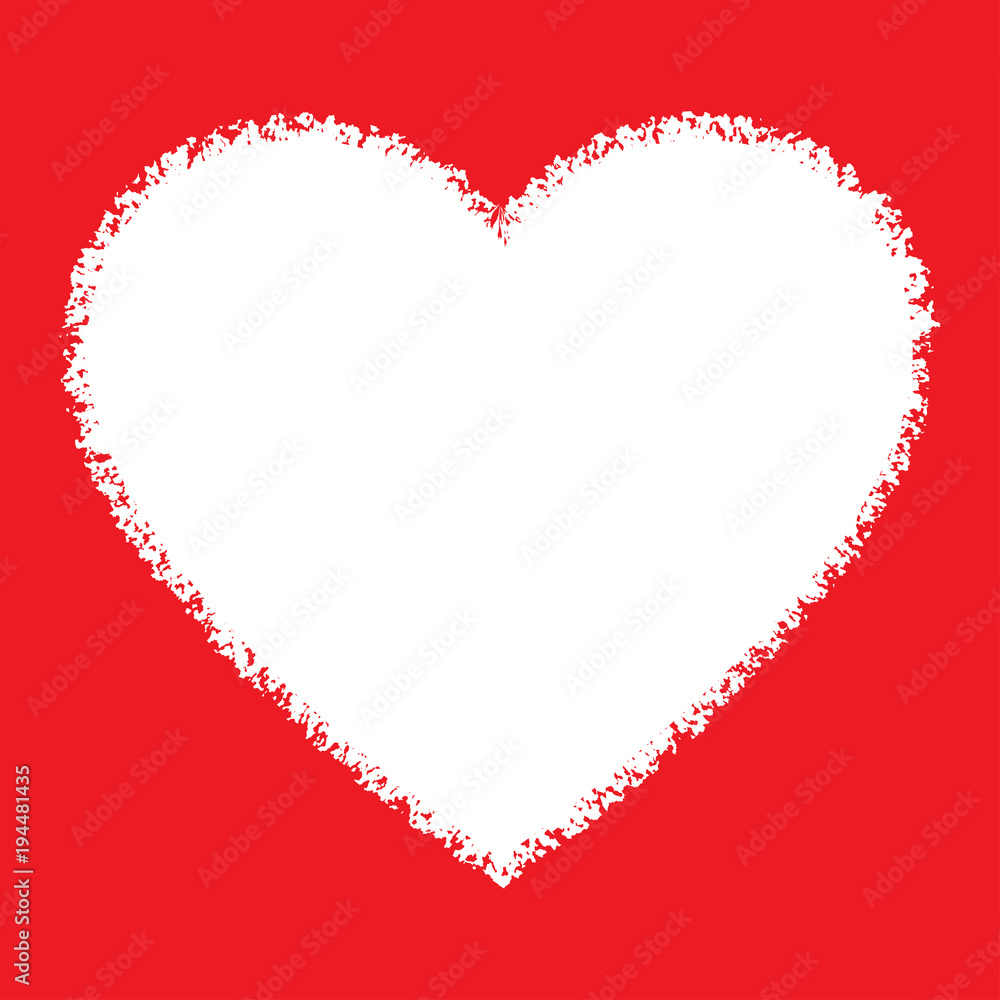 White Hand Drawn Grunge Heart logo on Red background. Vector illustration