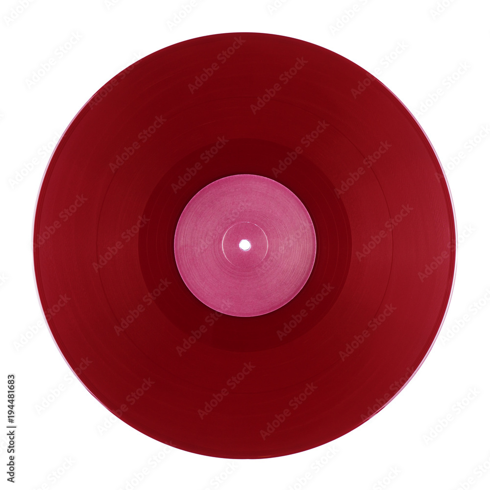 Fototapeta premium Red DJ vinyl record plate for a music player on a white background close-up