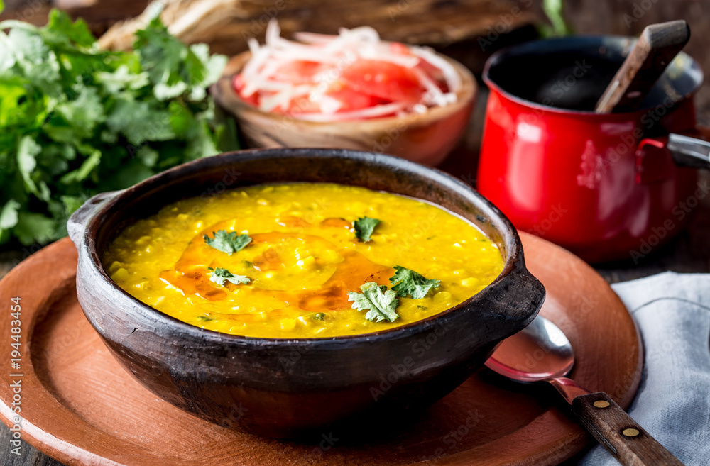 CHILEAN CUISINE. Beans with corn. Traditional chilean dith poroto con choclo CHILEAN CUISINE. Beans with corn. Traditional chilean dith poroto con choclo