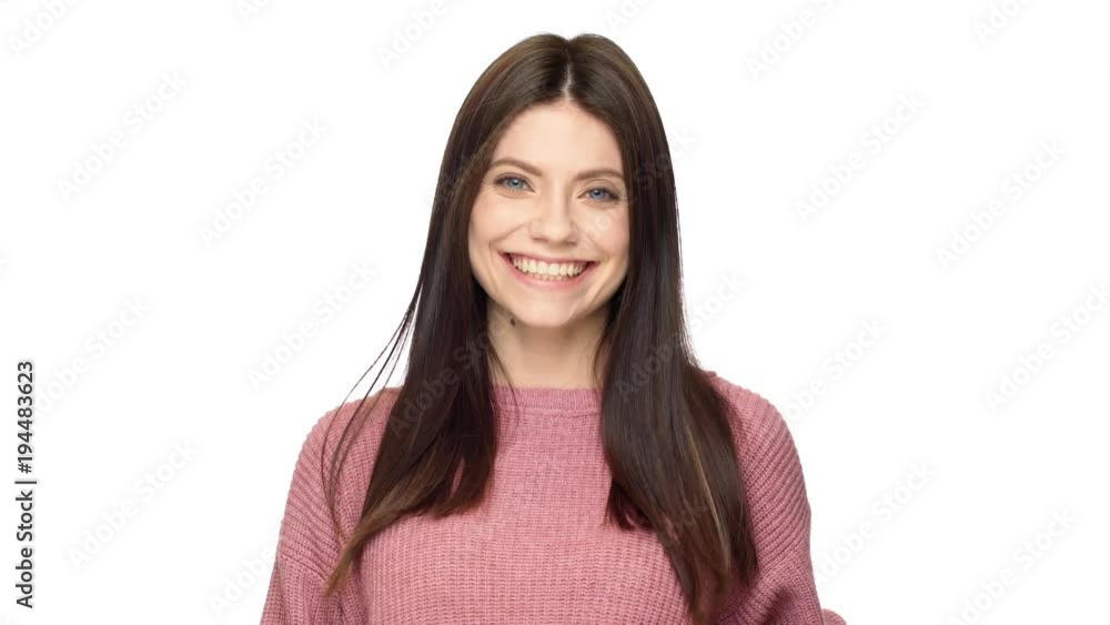 Portrait of mature woman 30s with blue eyes laughing and demonstrating perfect teeth, isolated over white background in studio. Concept of emotions Portrait of mature woman 30s with blue eyes laughing and demonstrating perfect teeth, isolated over white background in studio. Concept of emotions