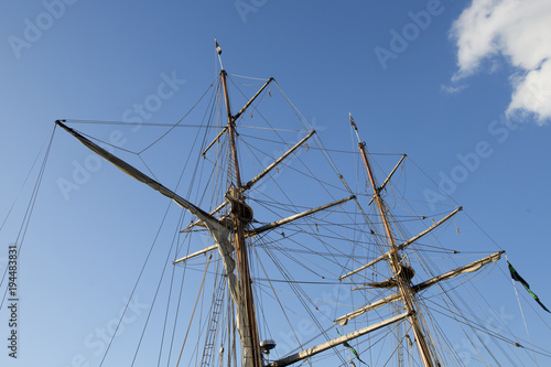 Masts and rigging of a sailing ship against blue sky