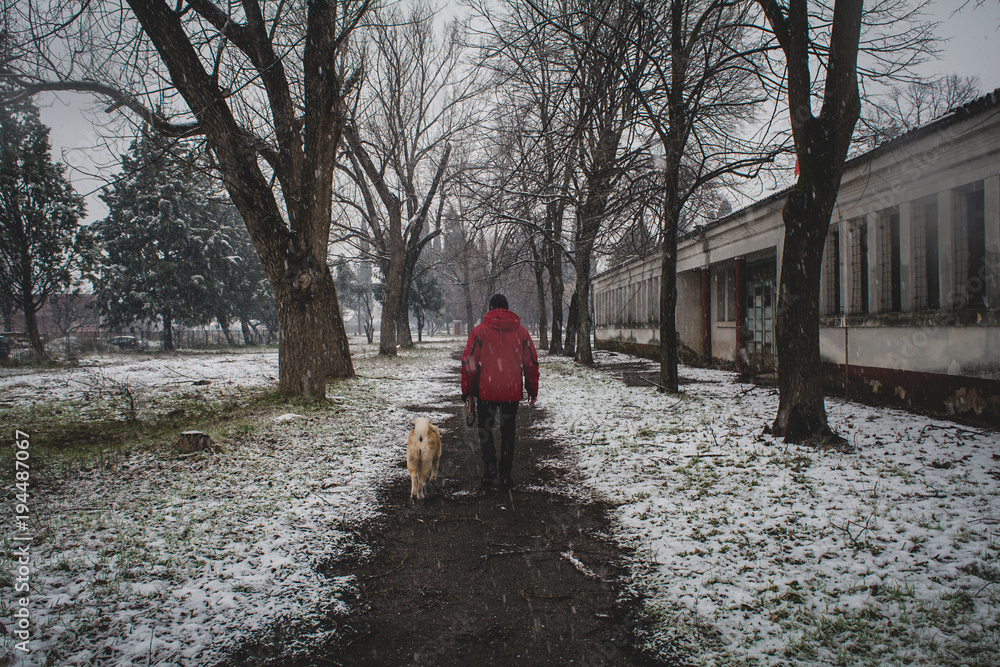 Walking a dog on a snowy day