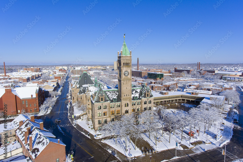 Lowell City Hall and downtown aerial view in downtown Lowell, Massachusetts, USA.