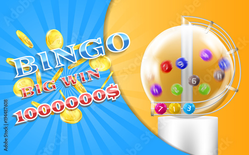 Vector bingo game banner with realistic golden coins, with lottery machine and colorful balls inside it. Lotto, keno, million dollars prize, big win advertising poster. Gambling concept illustration