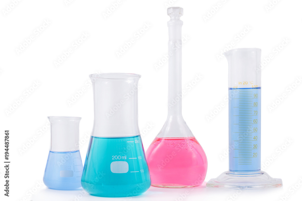 Chemical laboratory experiment beakers and test flasks with colorful liquids and reagents. Research biology science and medical laboratory. Biochemistry technology concept. Chemical laboratory experiment beakers and test flasks with colorful liquids and reagents. Research biology science and medical laboratory. Biochemistry technology concept.
