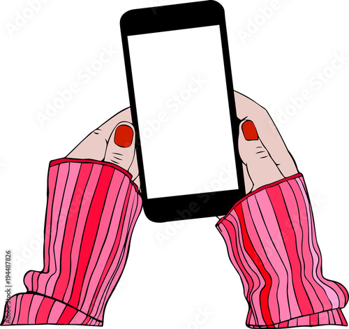 two female hands in a striped pink sweater are holding a black mobile phone