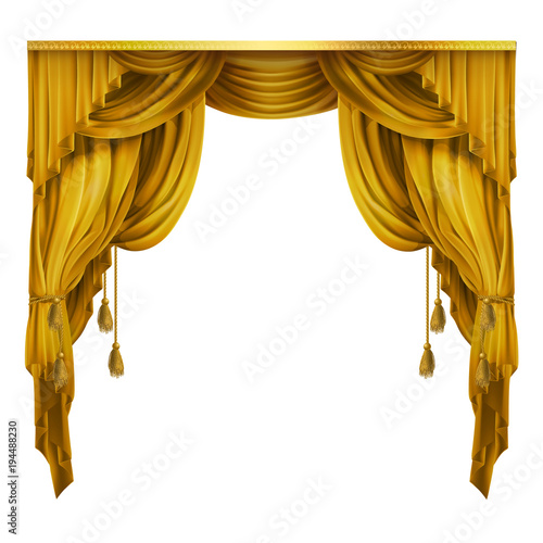 Vector silk, velvet theatrical curtain with folds, drape. Decoration element for performance, premiere. Golden elegant blinders. Great concept for presentation, announcement, show. Drapery background