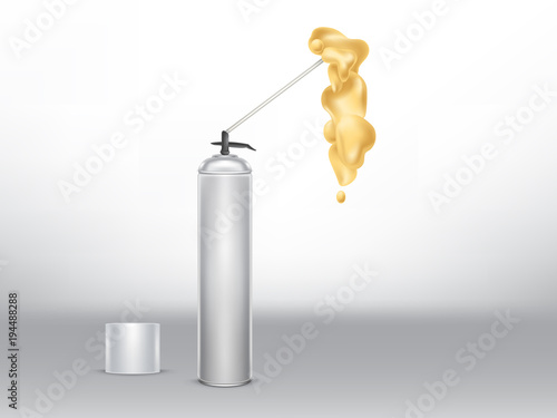 Vector 3d realistic metallic bottle with construction foam, spraying sealing adhesive. Pu-foam, tube with building sealant for repair, fixing isolated on background. Mockup for brand, package design
