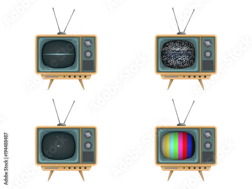 Vector illustration of vintage tv set, television. Turning on, off, white noise, test card, start-up closedown test. Retro electric video display for broadcasting, news. Technology icons