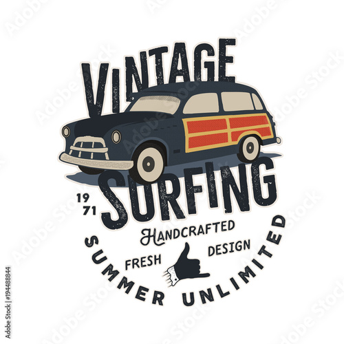 Vintage hand drawn tee print vector design with retro surf car  shaka sign and typography elements. Surf print design  patch. Summer t shirt print concept isolated on white background. Stock vector