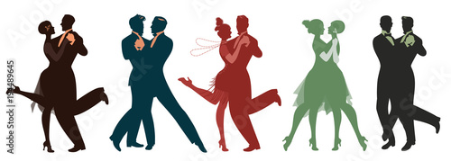 Silhouettes of five couples wearing clothes in the style of the twenties dancing retro music