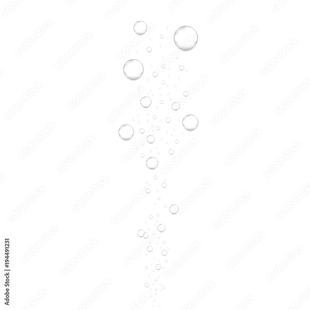 Realistic underwater fizzing air bubbles isolated on white background. Sparkling water, air bubbles