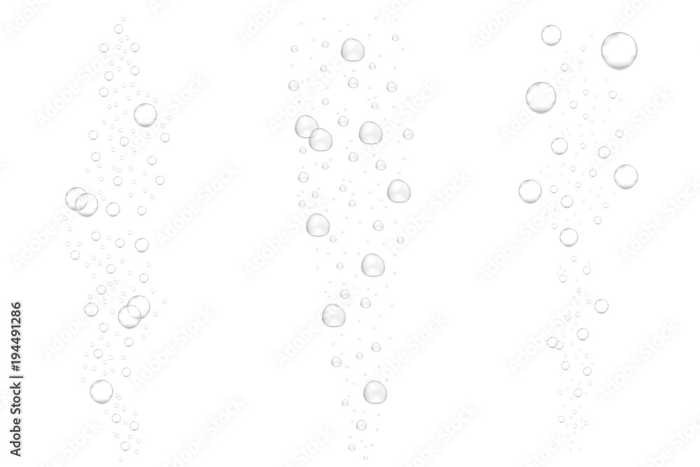 Realistic underwater fizzing air bubbles isolated on white background. Sparkling water, air bubbles