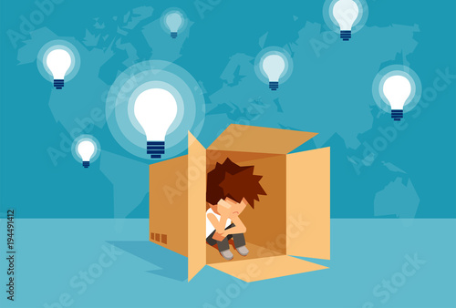 Introvert child in box among bulbs