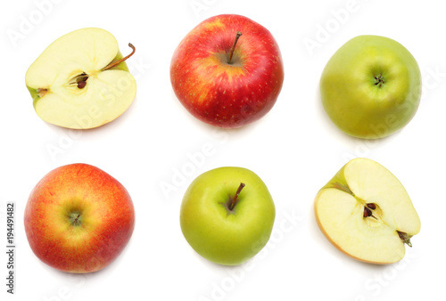 green and red apples isolated on white background. top view