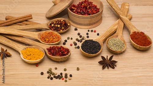 Fototapeta Naklejka Na Ścianę i Meble -  Spice. Spice in a wooden spoon. Herbs. Curry, saffron, turmeric, pepper and others on a wooden background.