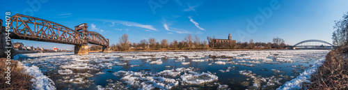 Panoramic view of Magdeburg downtown during ice drift at Elbe, Germany © neurobite